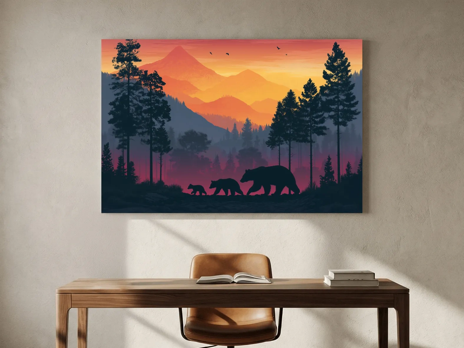 Sunset Momma Bear & Cubs Silhouette - Forest Wildlife Wall Art
