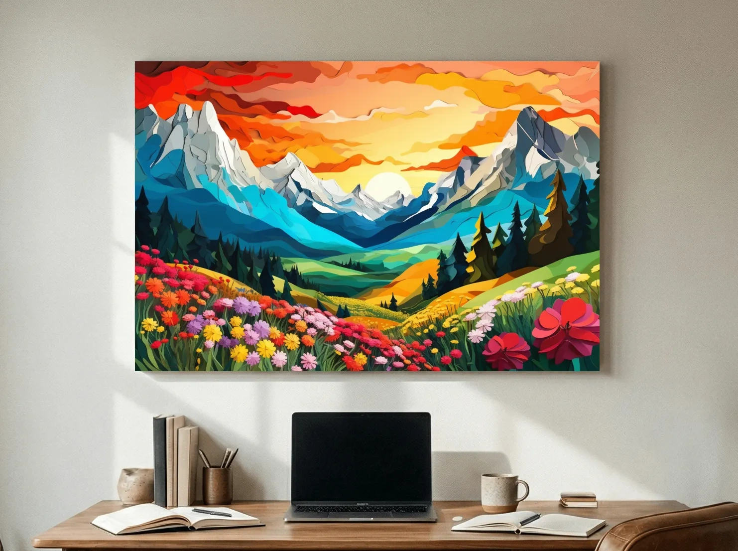 Vibrant Wildflower Mountain Valley Sunset - Colorful Paper Cutout Style Wall Art