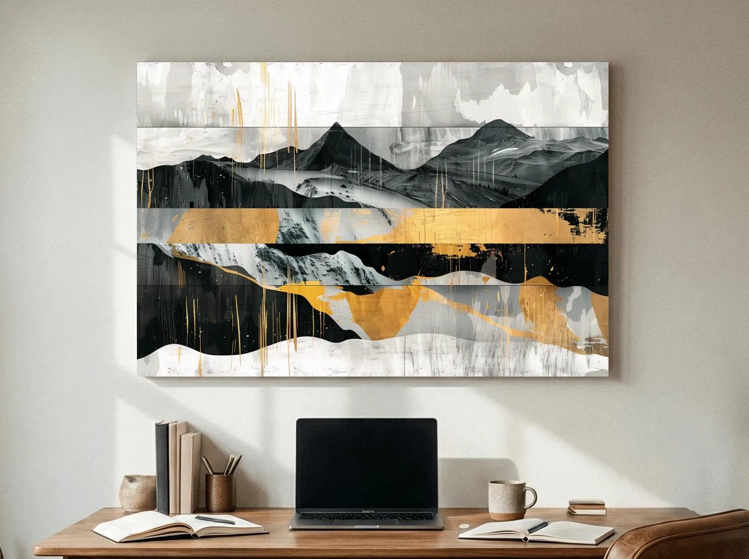 Abstract Monochrome Mountain Range With Gold Accents - Modern Mixed Media Landscape Wall Art