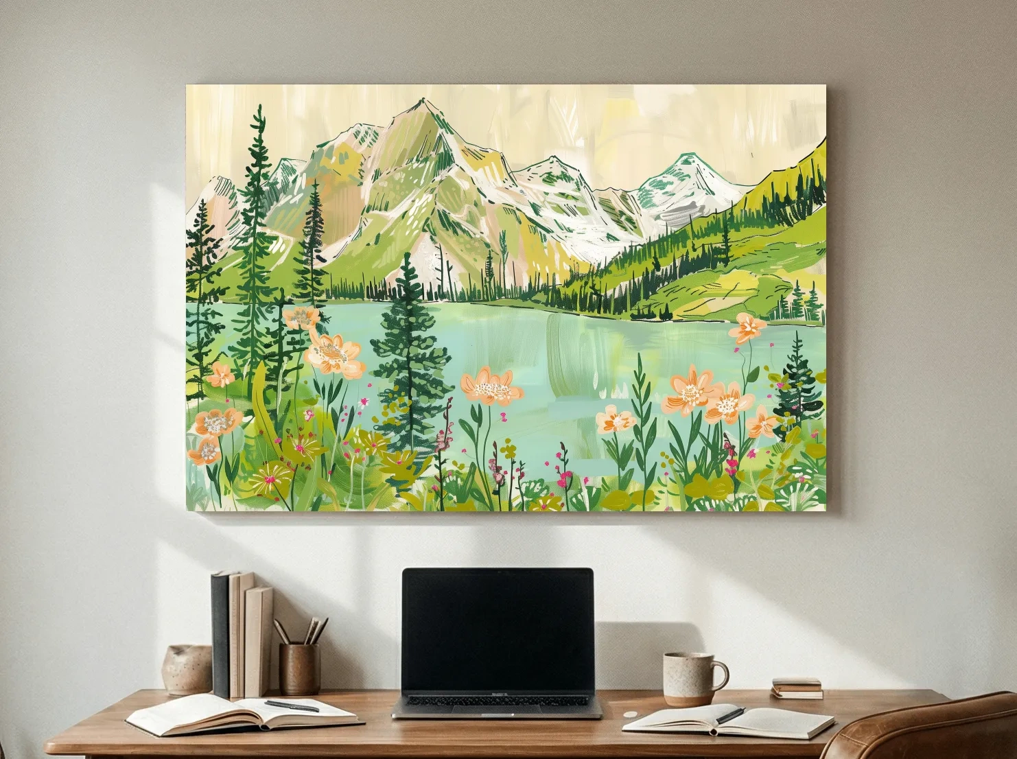Whimsical Alpine Lake Wildflower Stylized Painting - Mountain Meadows Wall Art