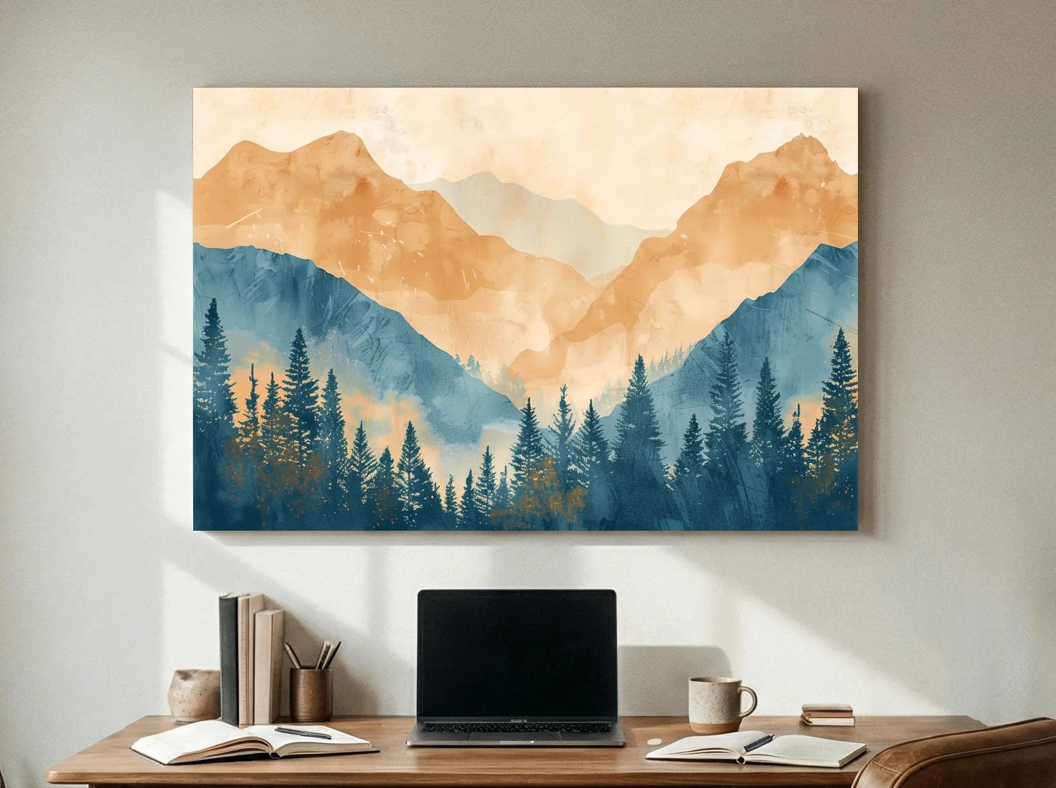 Misty Mountain Range Watercolor - Pine Forest Landscape Artwork