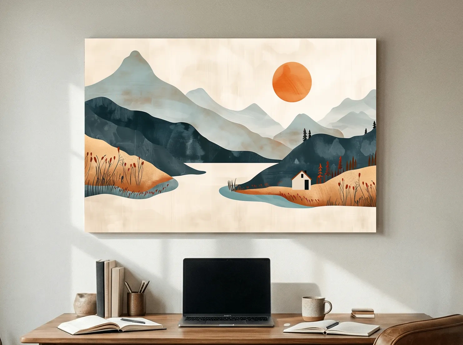 Minimalist Mountain Sunset Lake Cabin Illustration - Modern Scandinavian Wall Art