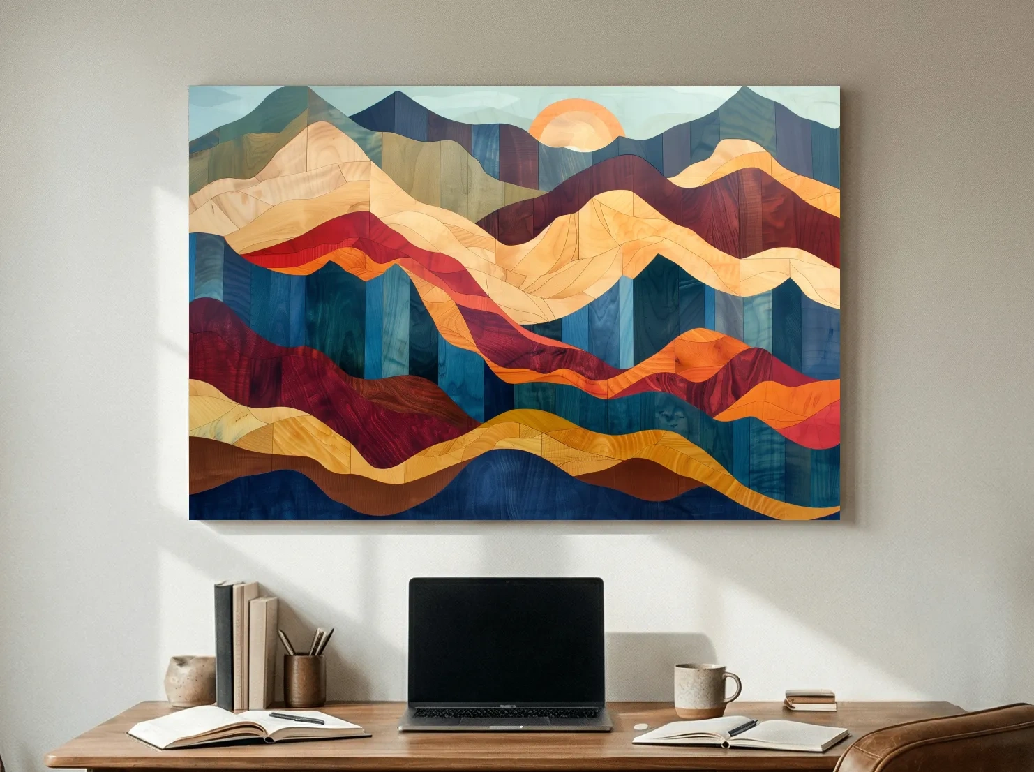 Layered Abstract Mountain Sunset Woodgrain - Mid Century Modern Wall Art