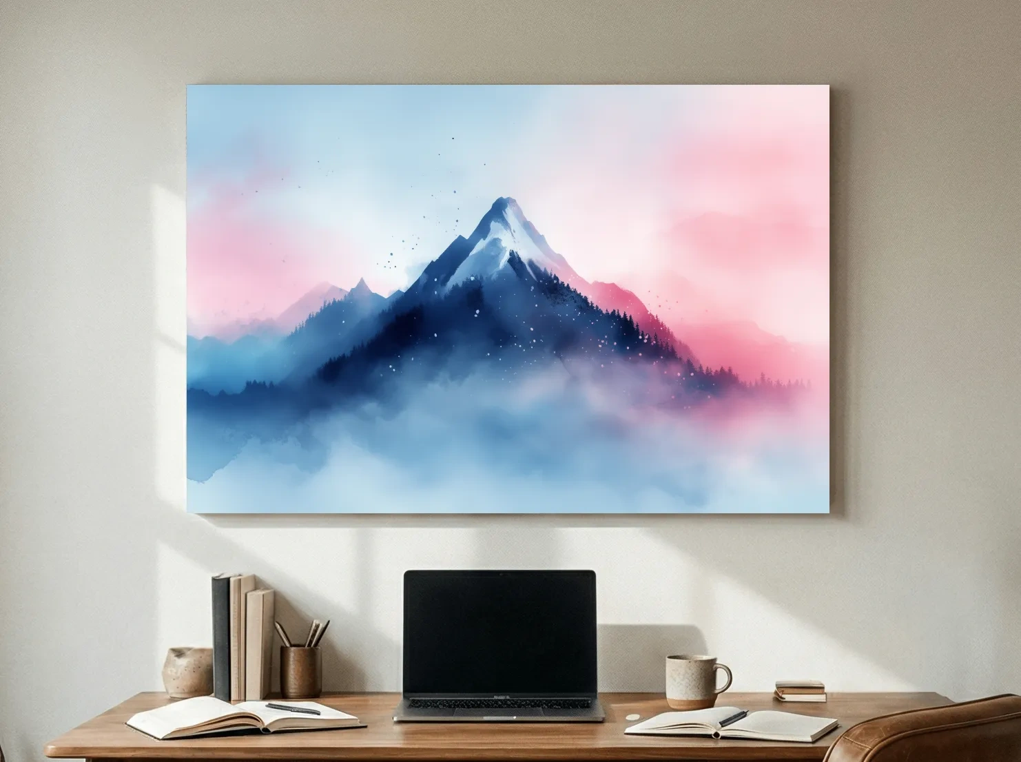 Misty Pastel Watercolor Mountain Peak - Dreamy Alpine Landscape Wall Art