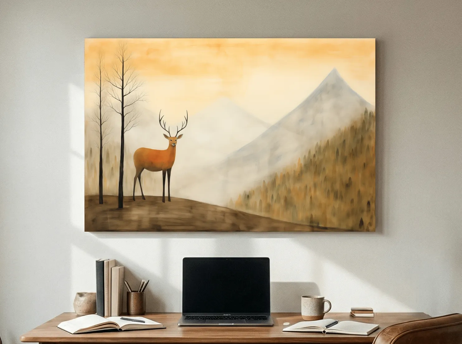 Deer Alpine Mountain Landscape Painting - Serene Foggy Forest Wall Art