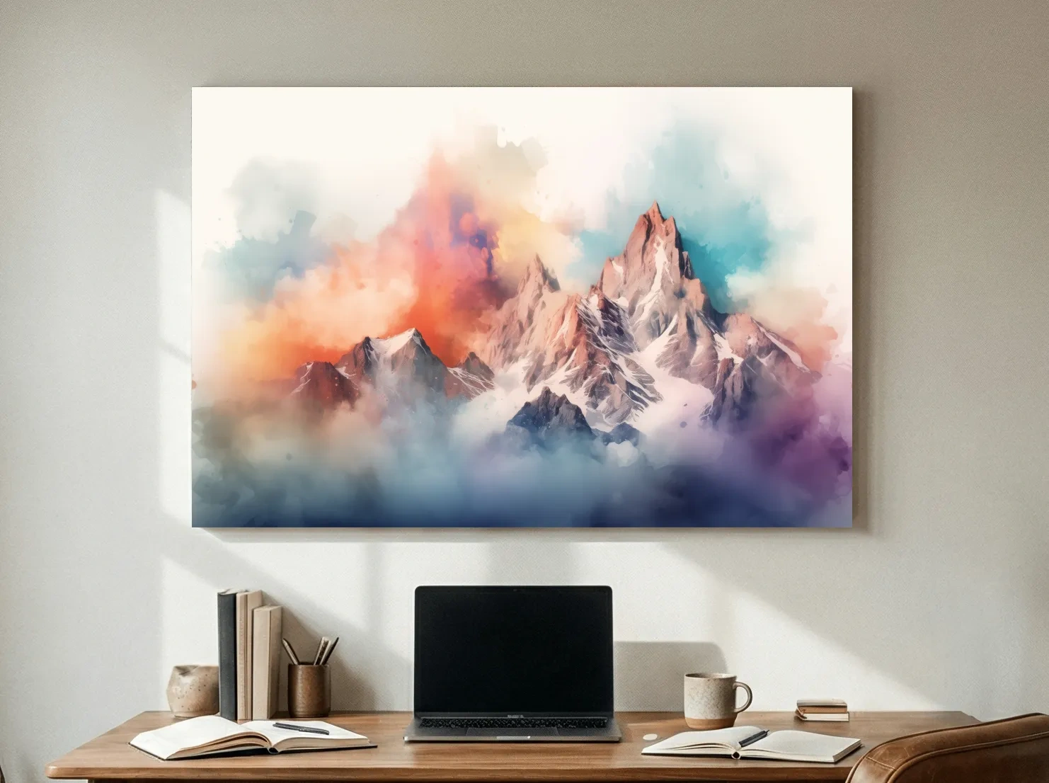 Vibrant Watercolor Alpine Mountain Peaks - Colorful Misty Artwork