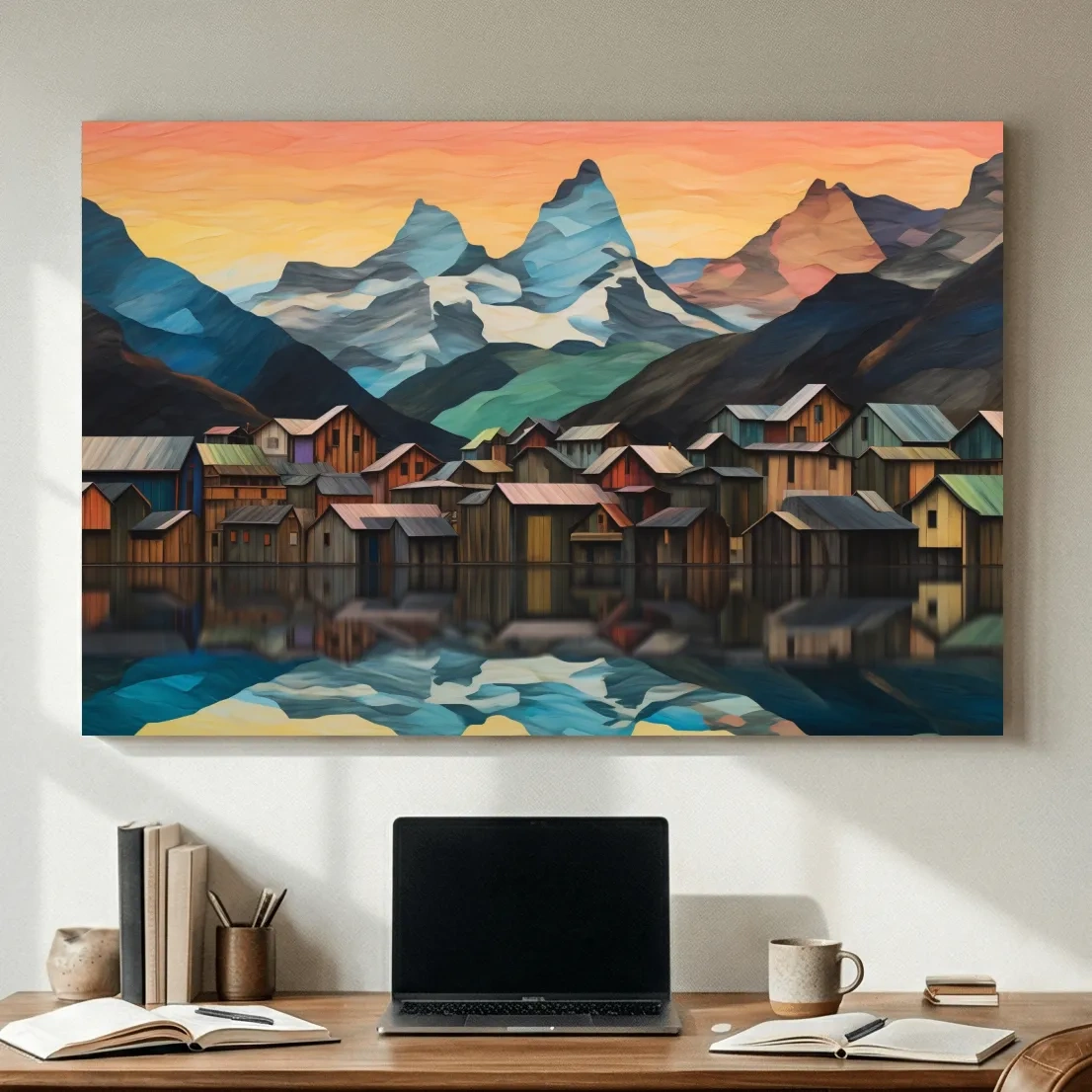Alpine Mountain Village Reflections - Colorful Paper Cut Style Wall Art