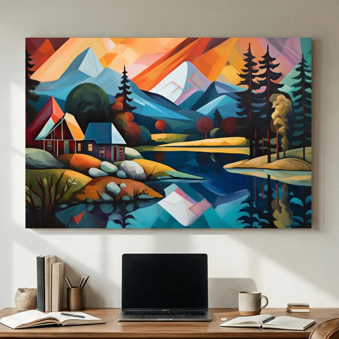 Vibrant Geometric Mountain Lake Cabin Oil Painting - Modern Abstract Wall Art