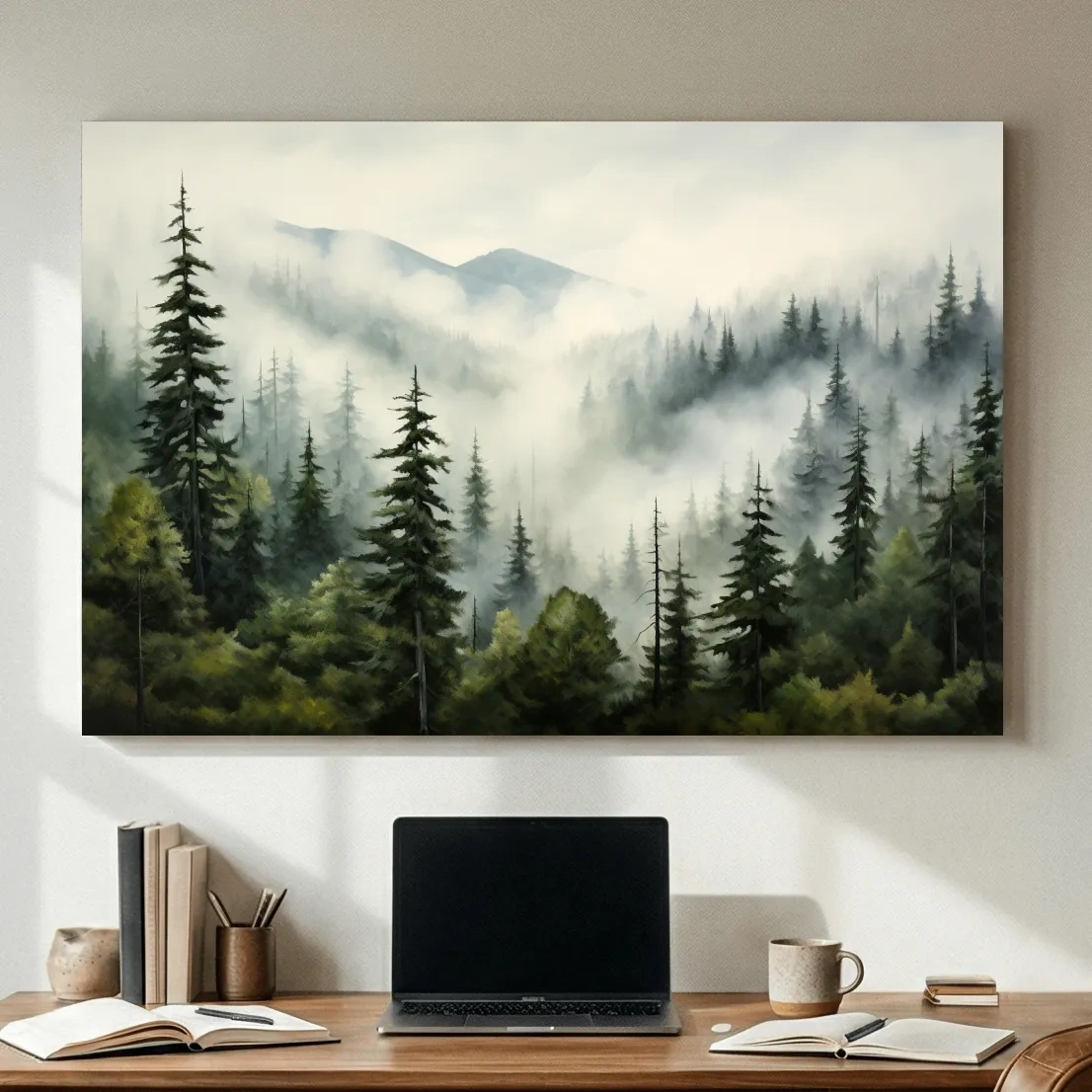 Foggy Alpine Mountain Forest Painting - Moody Watercolor Landscape Wall Art