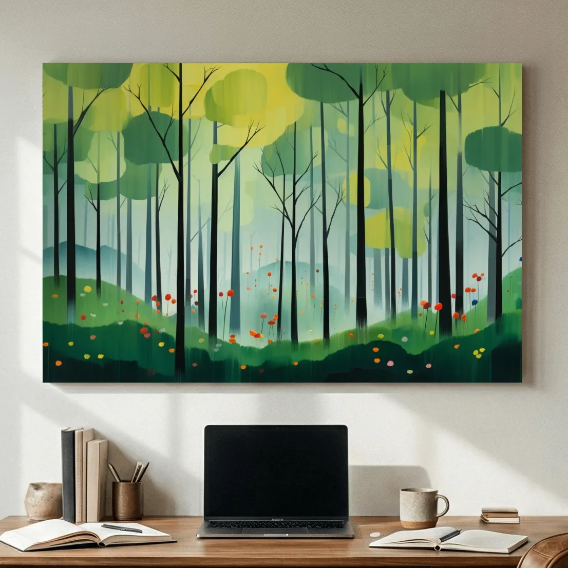 Whimsical Misty Forest Grove Illustration - Woodland Landscape Wall Art