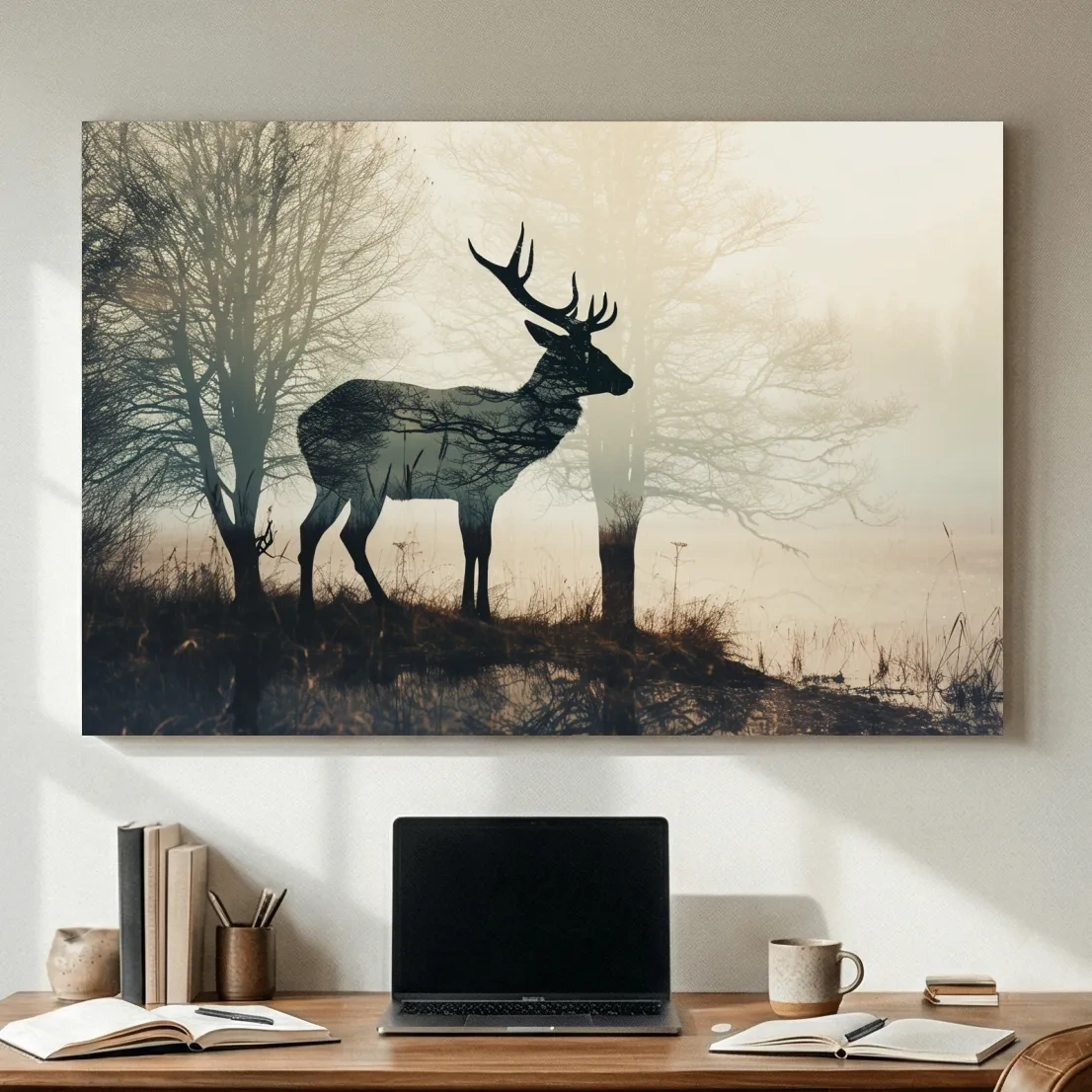 Misty Deer Silhouette Forest Landscape - Double Exposure Wildlife Photography Wall Art