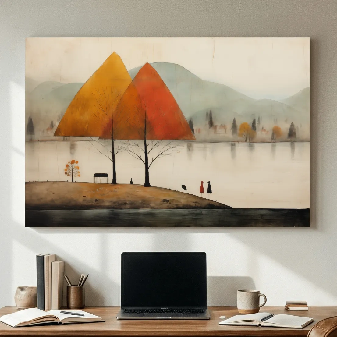 Autumn Mountains Over Misty Lakeside - Quirky Landscape Artwork