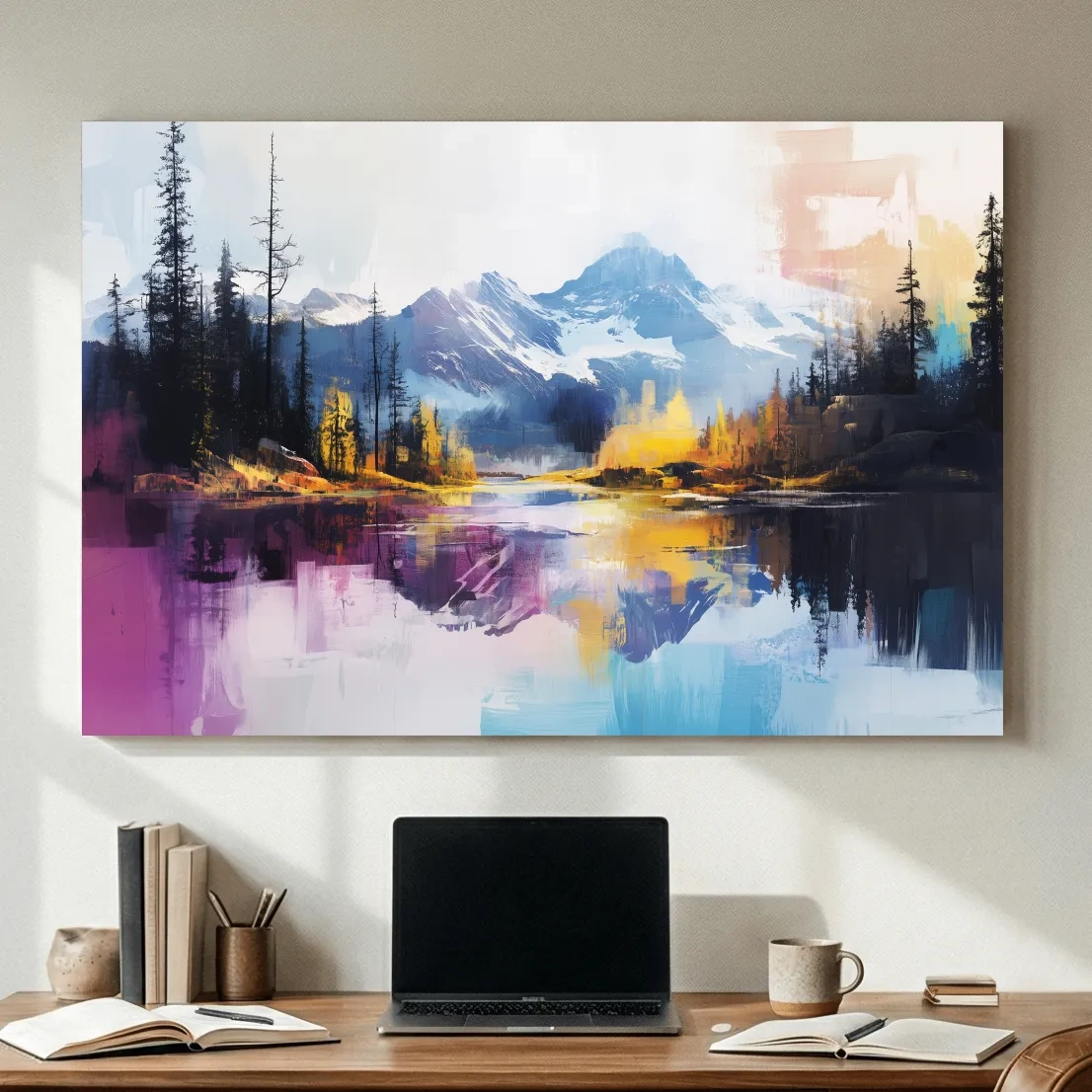 Vibrant Abstract Mountain Lake Reflection Painting - Colorful Modern Landscape Wall Art