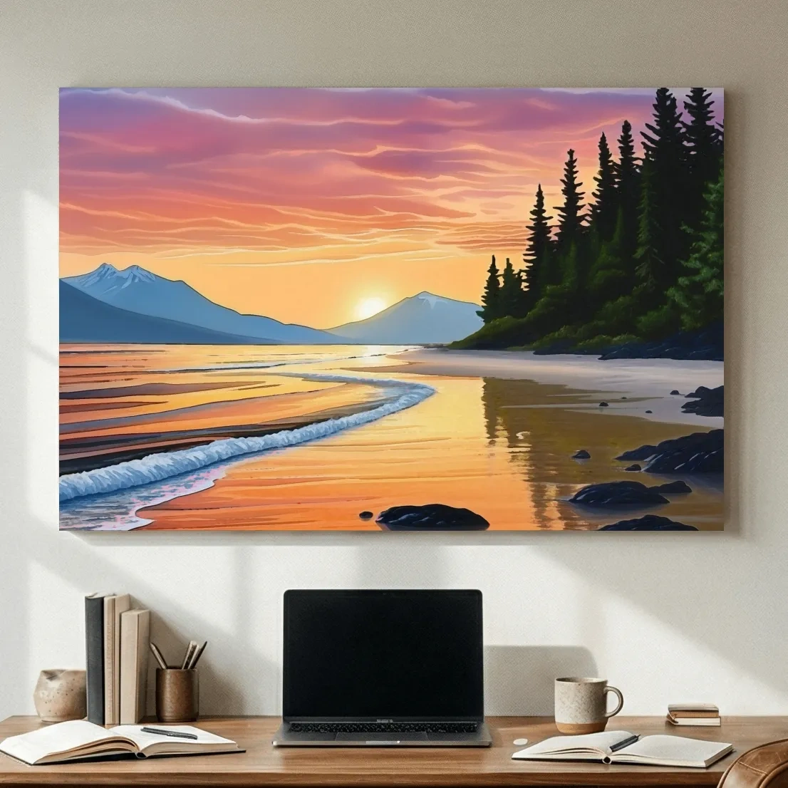 Pacific Northwest Coastal Sunset Beach Painting - Vibrant Pine Wall Art