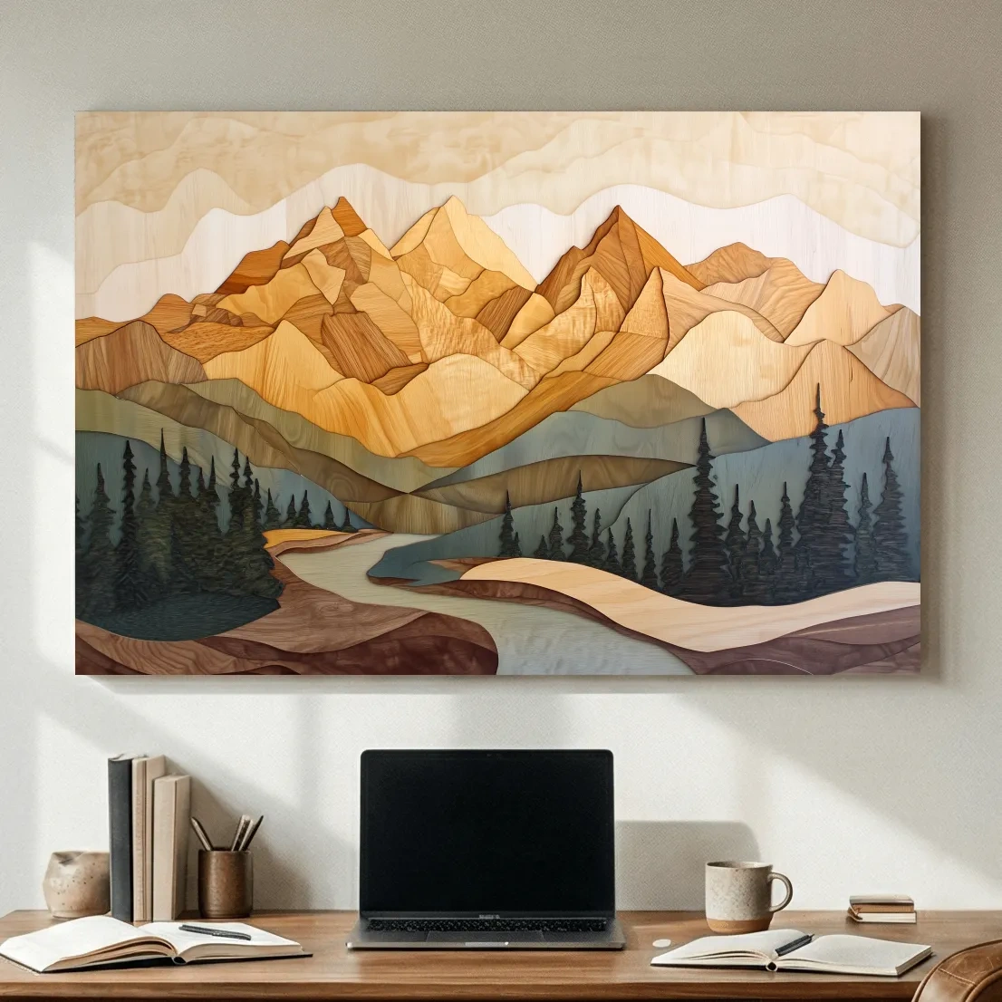 Wood Intarsia Mountain Landscape - Warm Earth Tone Alpine Forest Wall Art