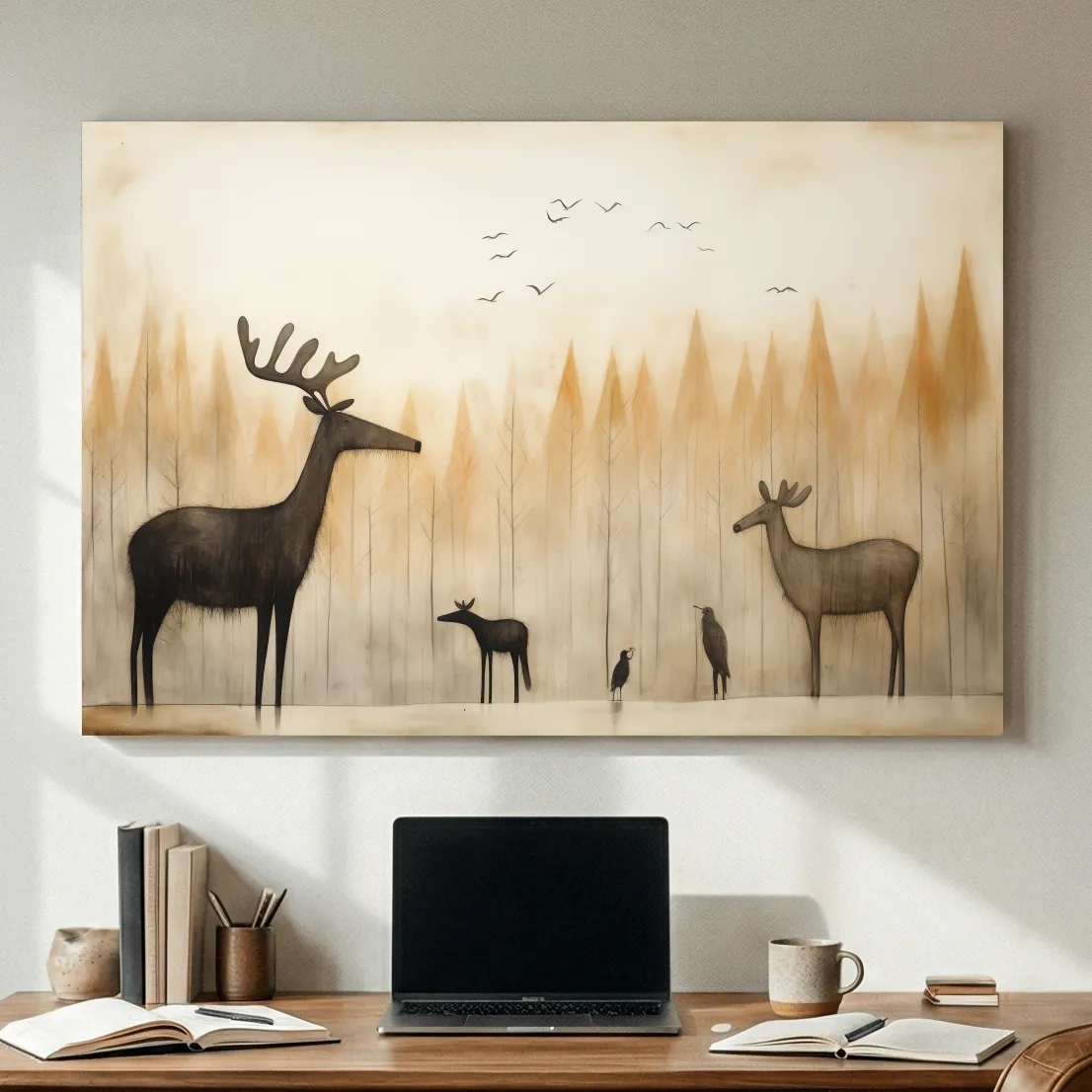 Minimalist Woodland Deer Family Illustration - Scandinavian Nursery Forest Wall Art