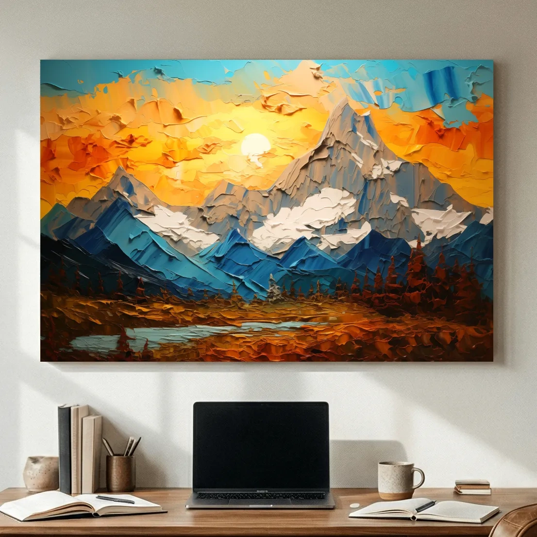 Palette Knife Style Mountain Sunset Painting - Vibrant Abstract Alpine Artwork