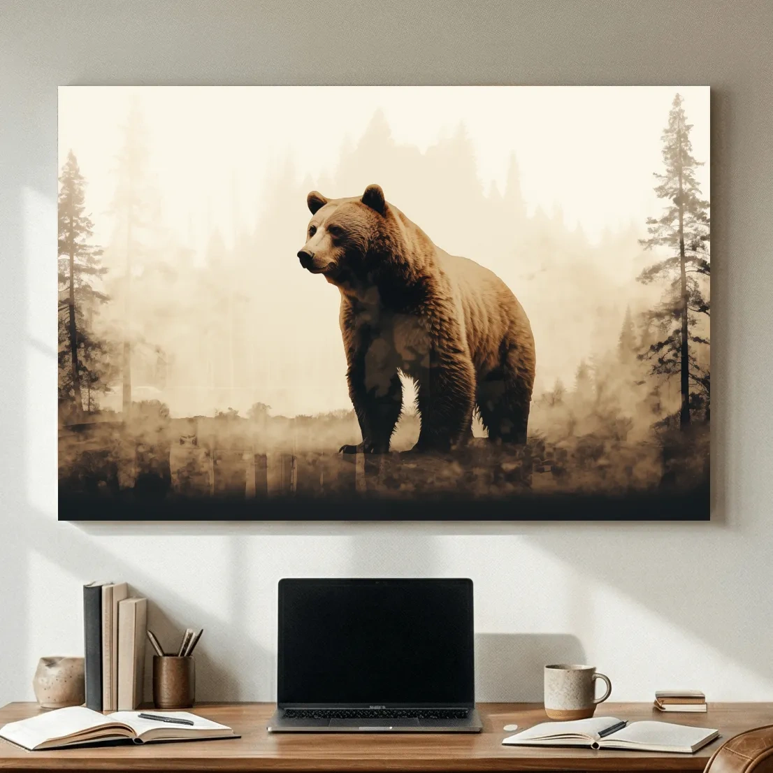 Grizzly Bear Double Exposure Forest - Rustic Wildlife Nature Wall Art