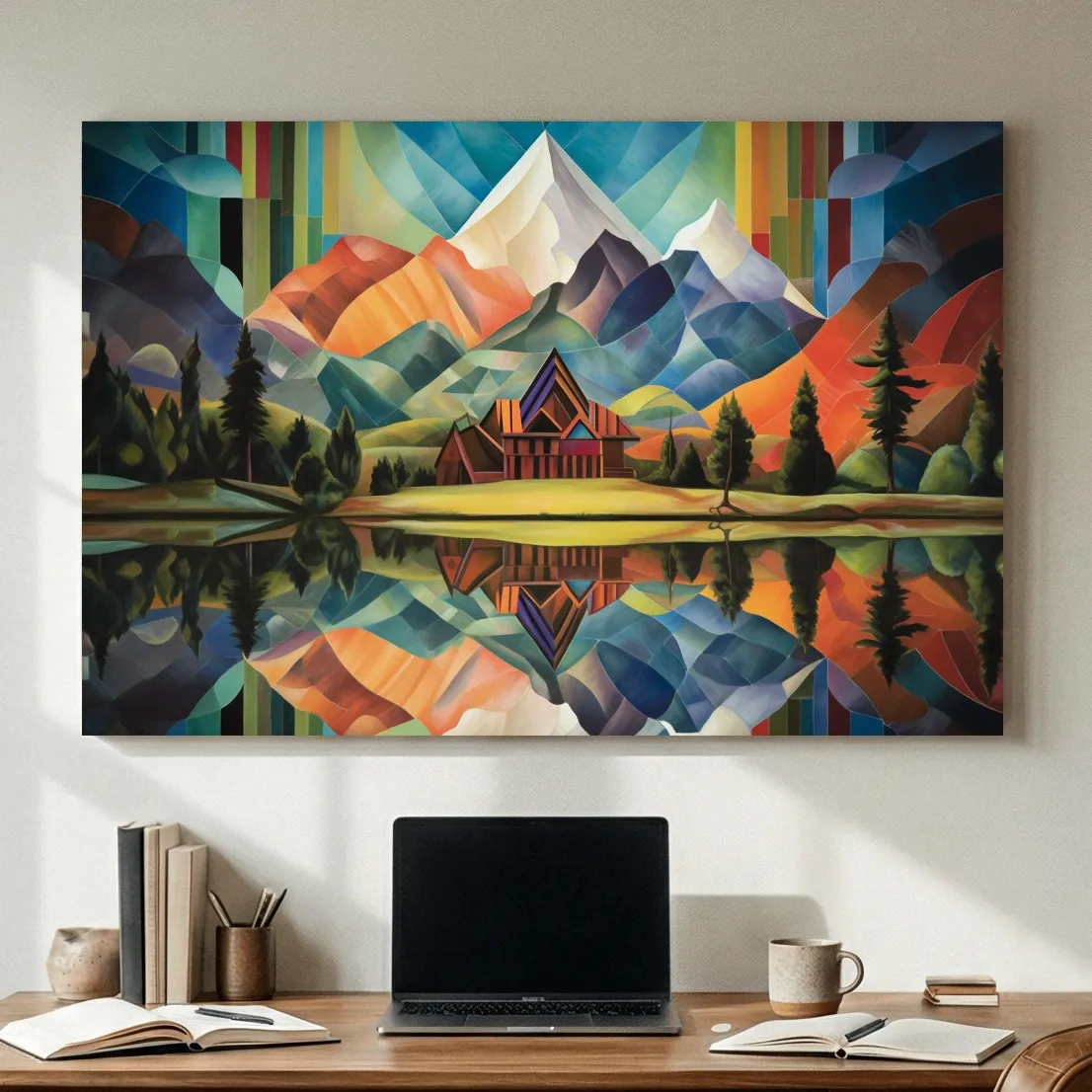 Vibrant Geometric Mountain Cabin Lake Reflection - Colorful Abstract Landscape Wall Art