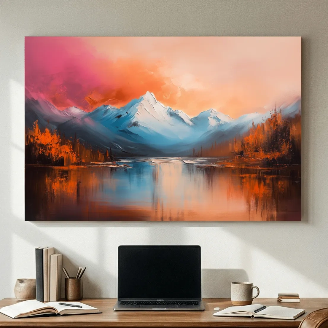 Sunset Mountain Lake Painting - Serene Abstract Landscape Wall Art Print