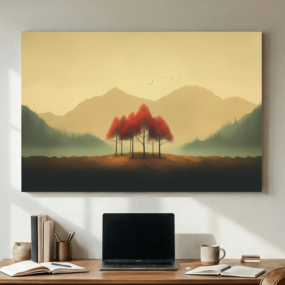 Minimalist Autumn Tree Grove Landscape - Misty Mountain Forest Wall Art