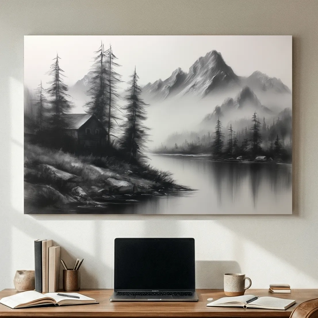 Moody Monochrome Alpine Lake Cabin - Charcoal Mountain Sketch Style Wall Art