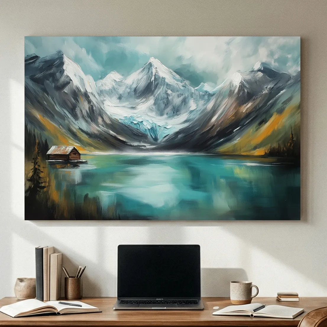 Turquoise Alpine Lake Cabin Painting - Snowy Mountain Landscape Wall Art