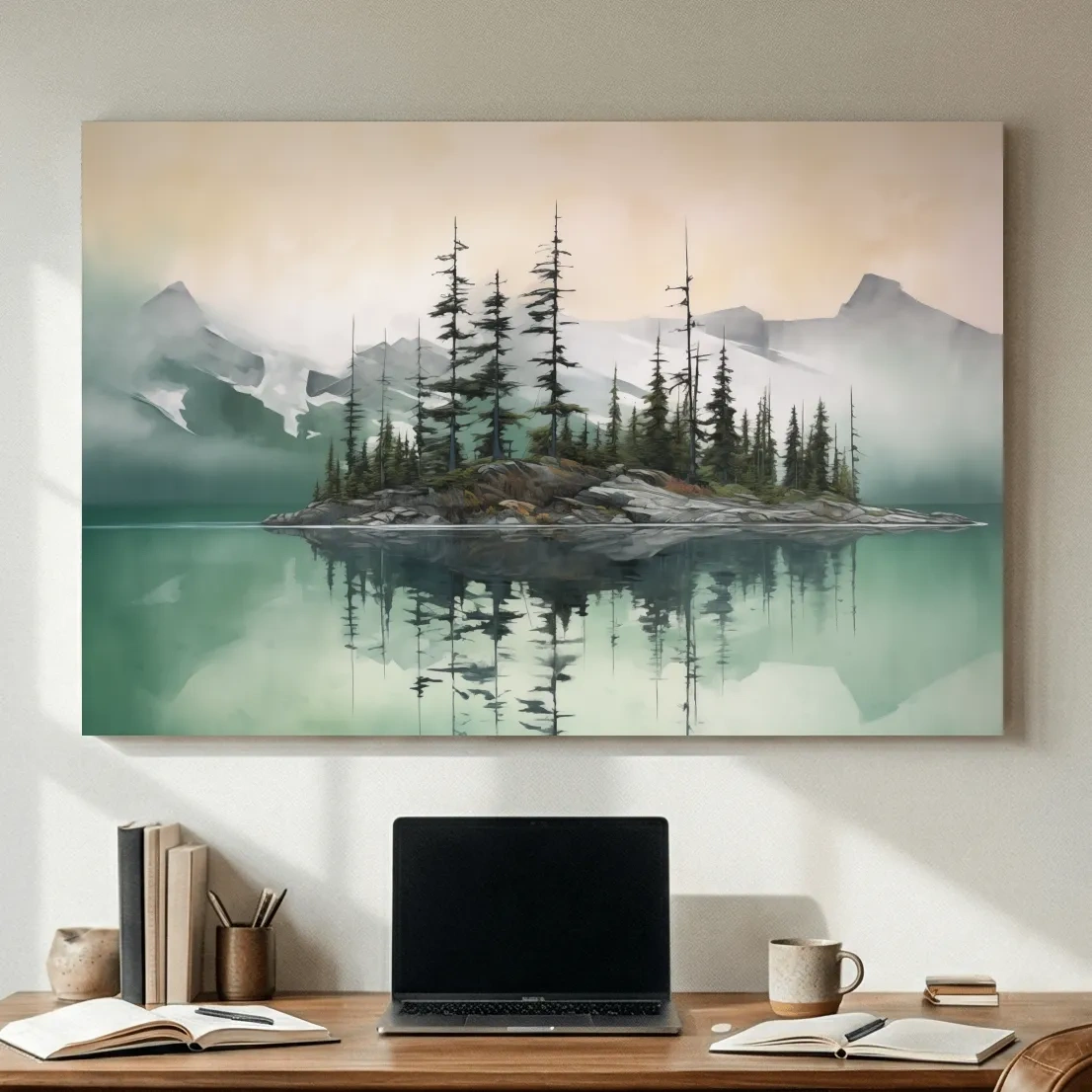 Misty Turquoise Alpine Lake Reflection - Serene Watercolor Mountain Landscape Wall Art