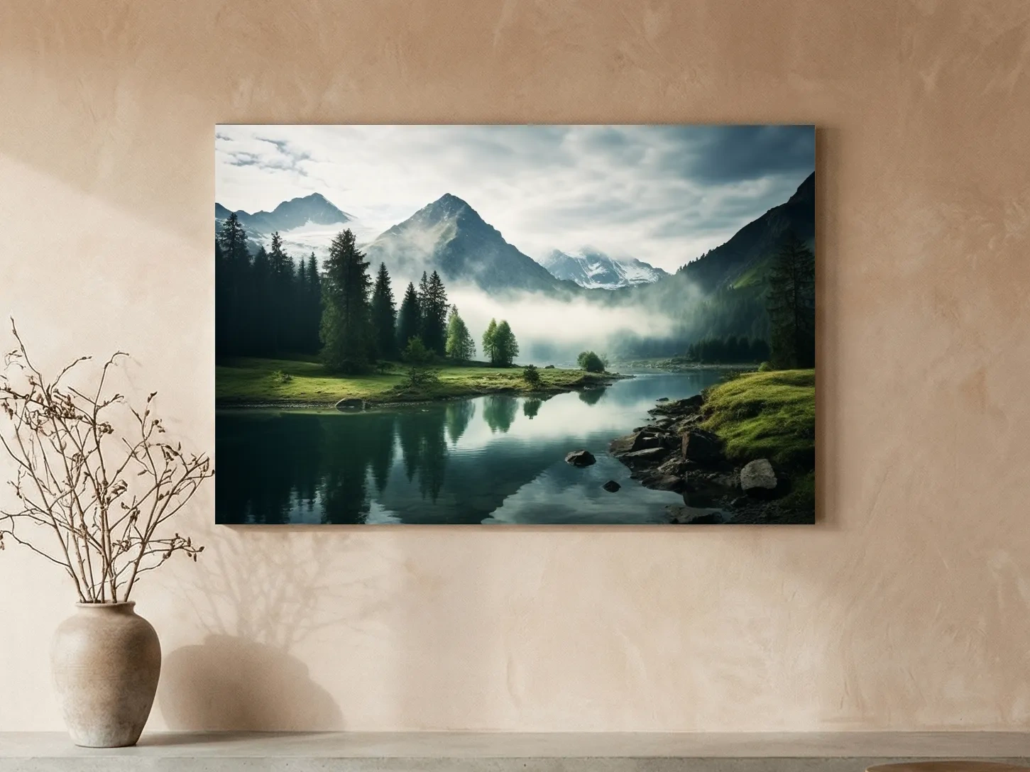 Misty Alpine Lake Reflection Landscape - Mountain Forest Photographic Wall Art