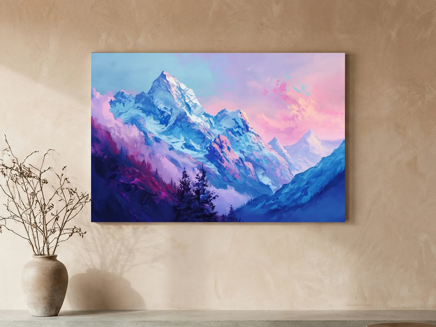 Vibrant Impressionism Alpine Mountain Painting - Colorful Snowy Peaks Wall Art