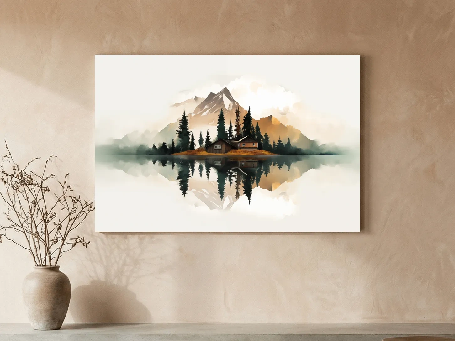 Minimalist Mountain Cabin Lake Reflection - Misty Watercolor Landscape Wall Art