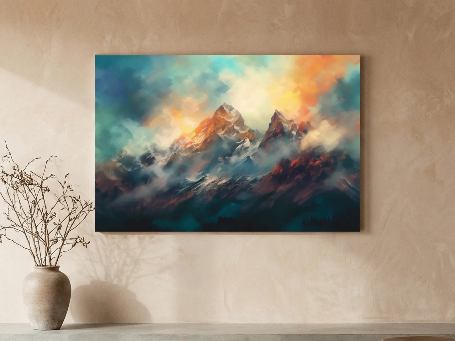 Abstract Sunrise Mountain Peaks Painting - Colorful Alpine Landscape Wall Art