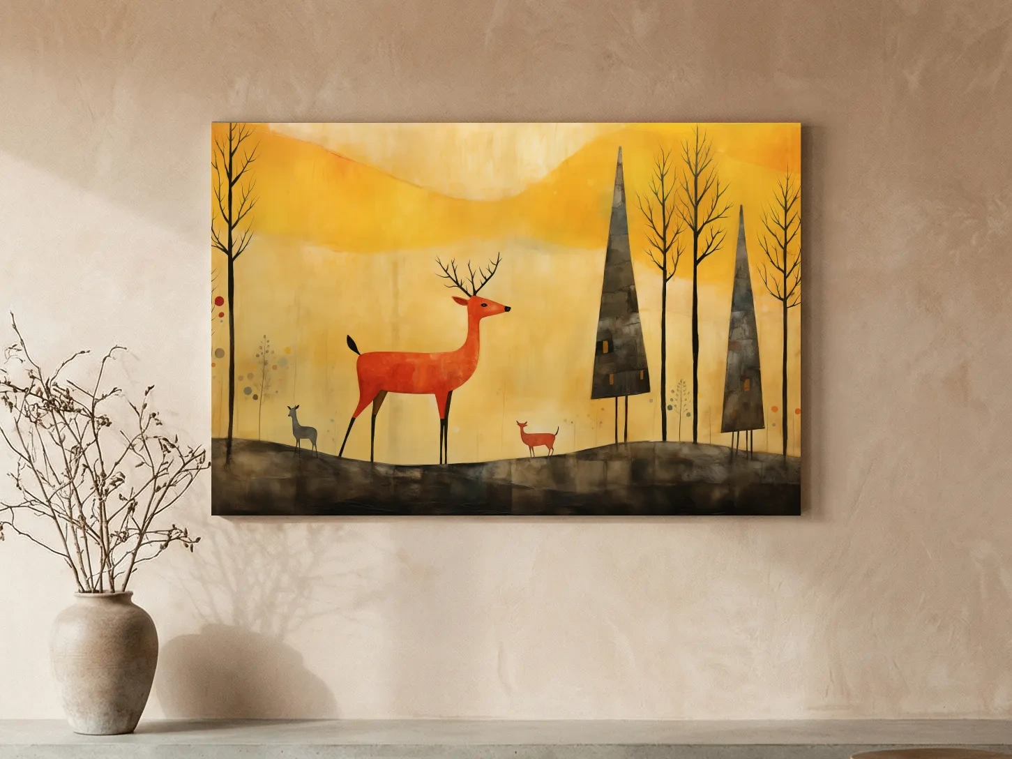 Whimsical Deer Forest Illustration - Autumn Woodland Landscape Wall Art