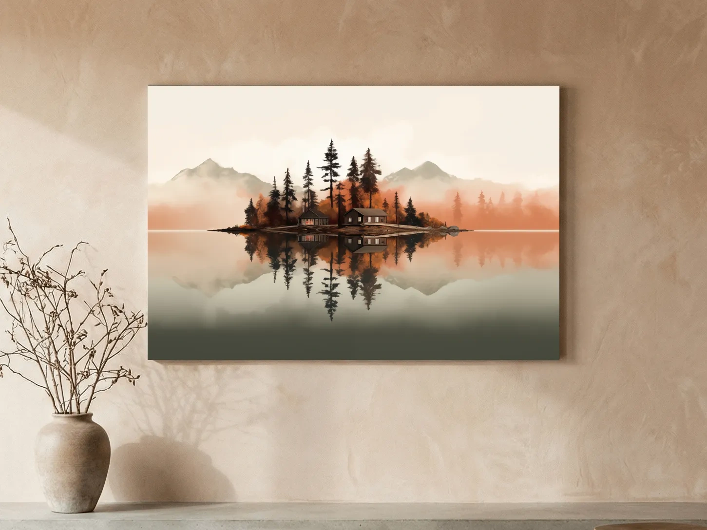 Minimalist Misty Lake Cabin Reflection - Autumn Mountain Landscape Wall Art