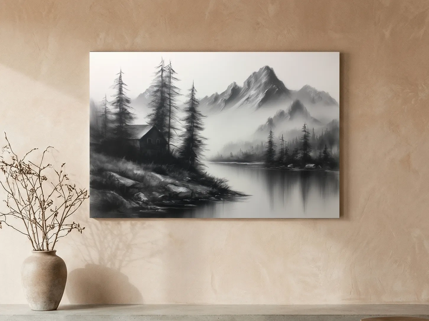 Moody Monochrome Alpine Lake Cabin - Charcoal Mountain Sketch Style Wall Art