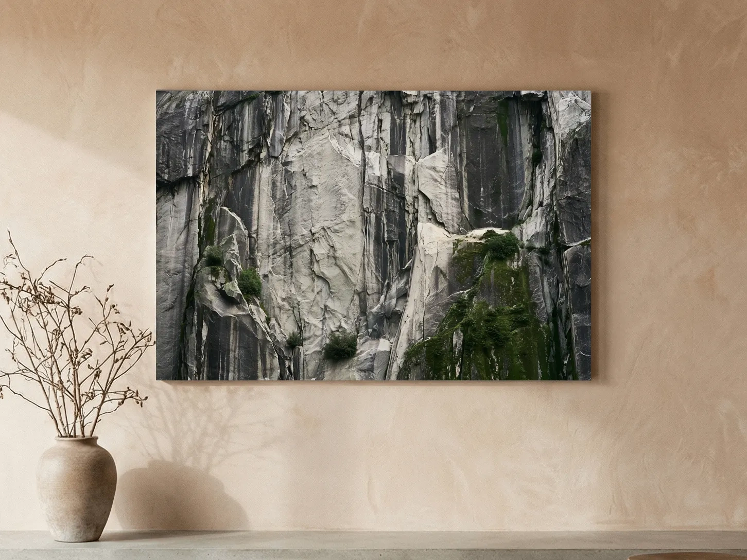 Textured Granite Cliff Face Photography - Moody Monochrome Rock Wall Art