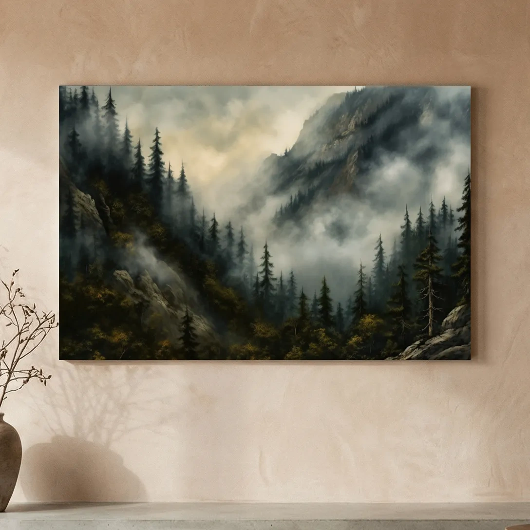 Moody Misty Mountain Pine Forest - Foggy Alpine Landscape Wall Art