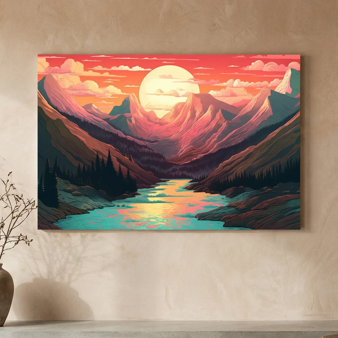 Vibrant Sunset Mountain Valley Illustration - Retro Landscape Wall Art