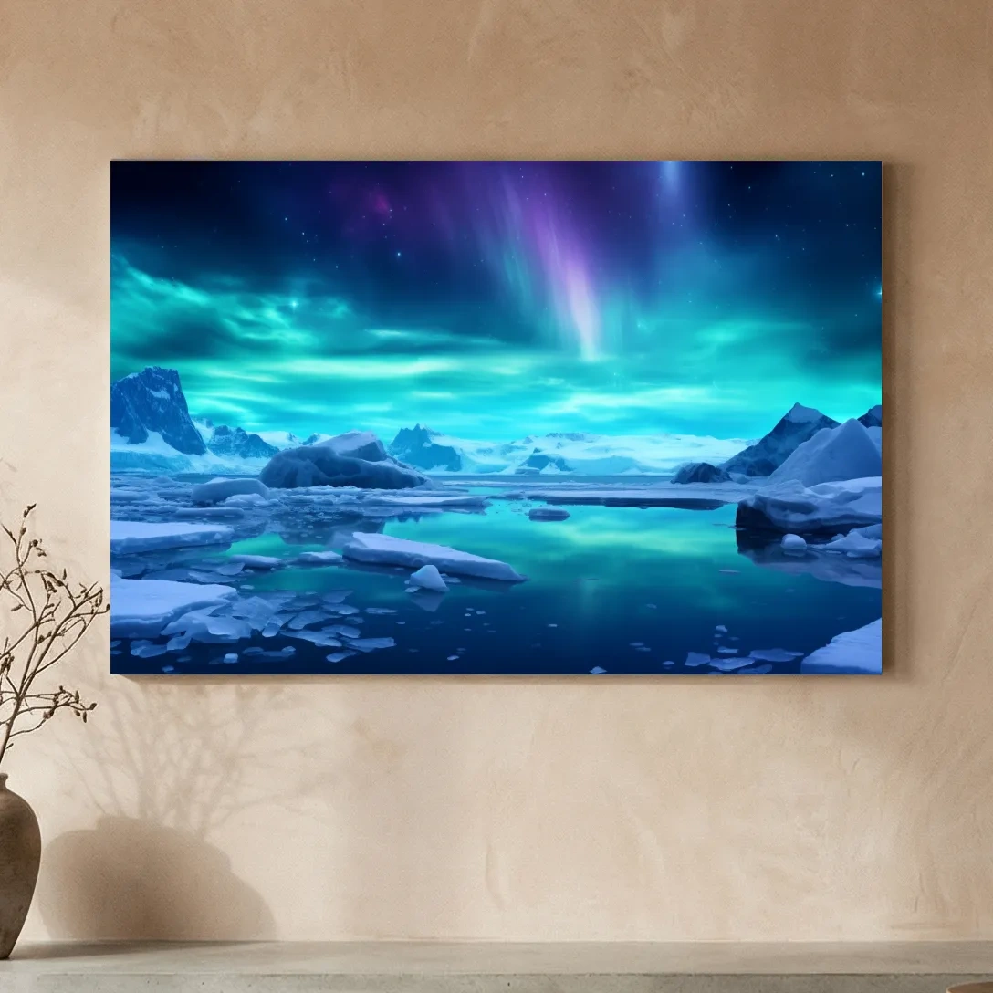 Vibrant Arctic Aurora Over Icebergs - Polar Night Photographic Wall Art