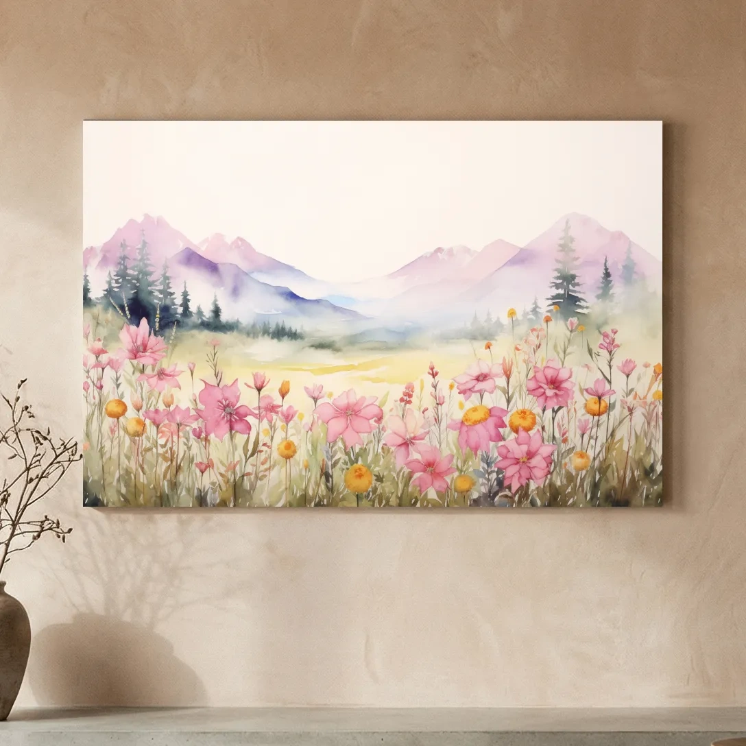 Pastel Wildflower Meadow Mountains Watercolor - Serene Alpine Wall Art