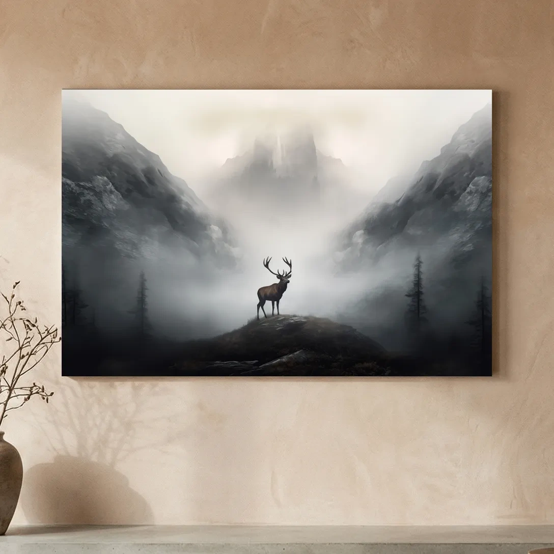 Moody Misty Mountain Stag Silhouette - Atmospheric Wildlife Landscape Art