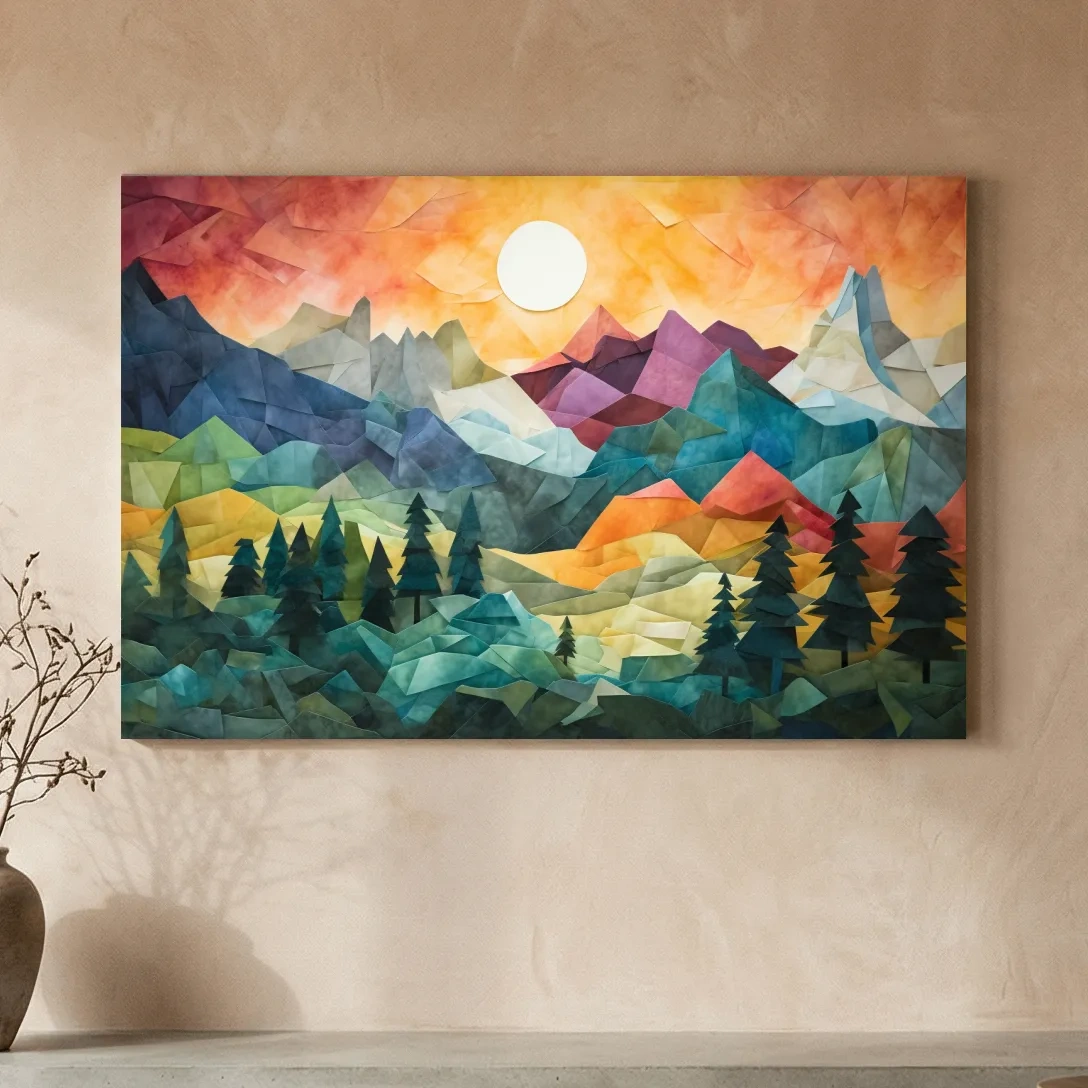 Abstract Alpine Mountain Sunset Artwork - Vibrant Patchwork Mosaic Wall Art