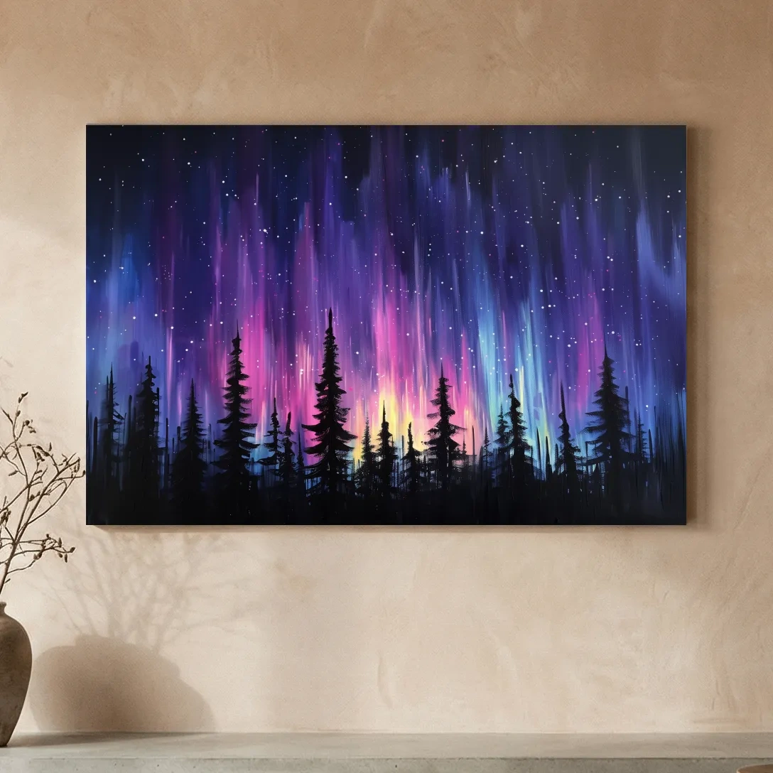 Vibrant Purple Northern Lights & Silhouetted Pine Forest - Aurora Borealis Painting Wall Art