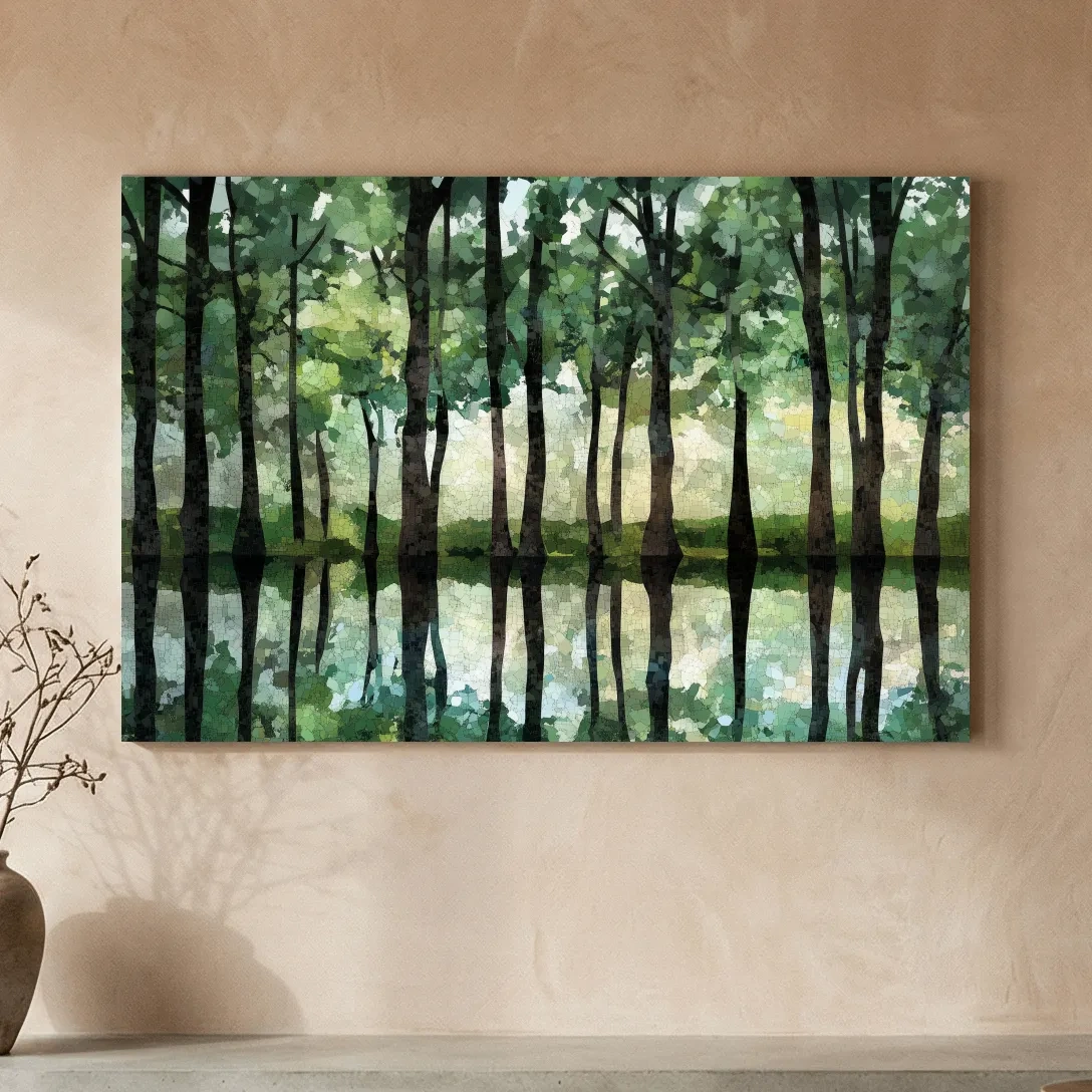 Mosaic Watercolor Forest Lake Reflection - Serene Nature Landscape Wall Art