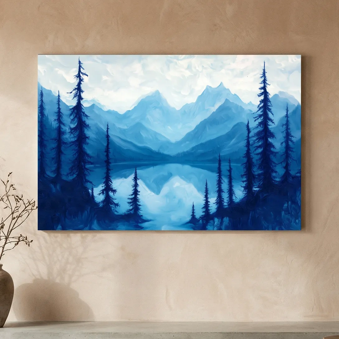 Serene Blue Mountain Lake Oil Painting - Alpine Forest Landscape Artwork