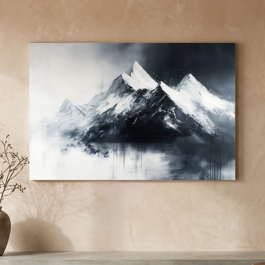 Moody Monochrome Snowcapped Mountain Peaks Painting - Modern Minimalist Wall Art