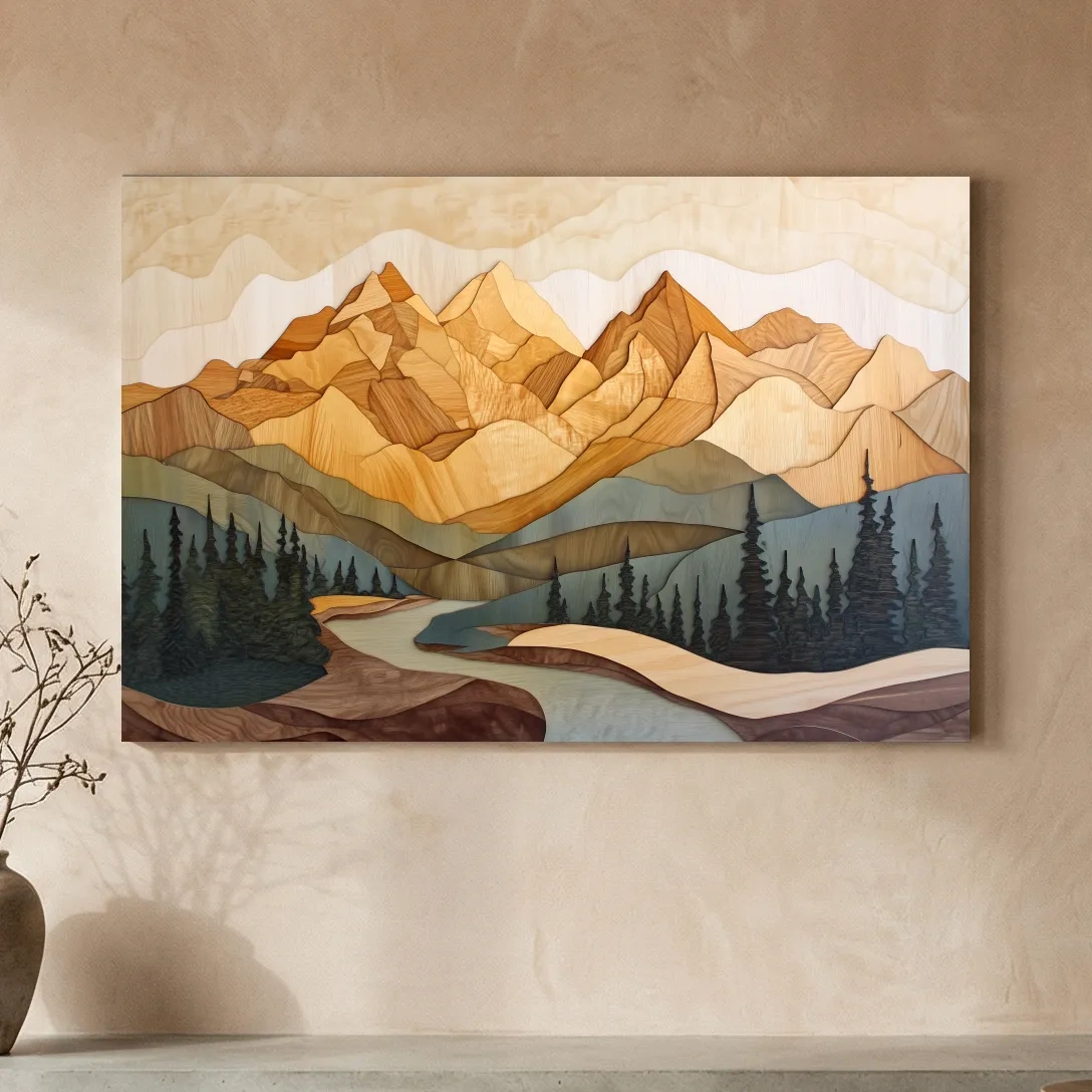 Wood Intarsia Mountain Landscape - Warm Earth Tone Alpine Forest Wall Art