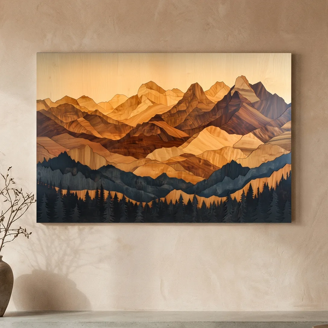 Layered Woodcut Intarsia Mountain Range Landscape - Peaks And Pine Forest Wall Art
