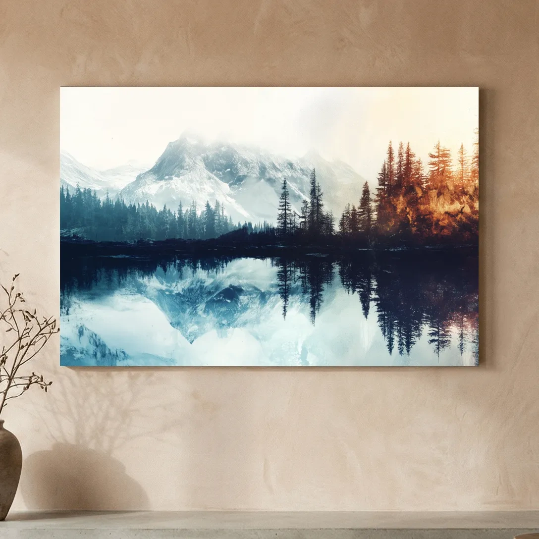 Misty Alpine Lake Reflection Landscape - Mountain Forest Sunrise Wall Art