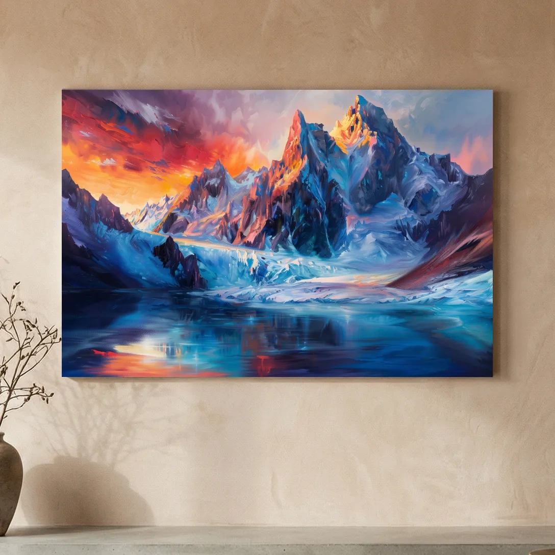 Vibrant Glacial Sunset Impressionism Painting - Dramatic Alpine Mountain Wall Art